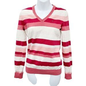 2/$20 Tommy Hilfiger White & Pink V Neck Sweater Top Blouse Size: Small